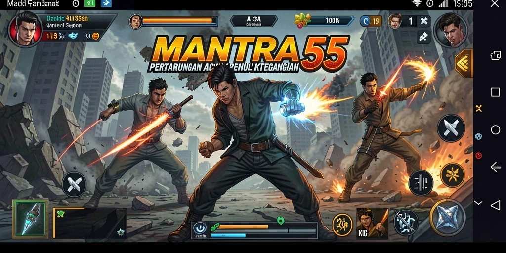 Tangkapan layar gameplay <strong>MANTRA55</strong> menampilkan aksi bertarung yang memacu adrenalin.