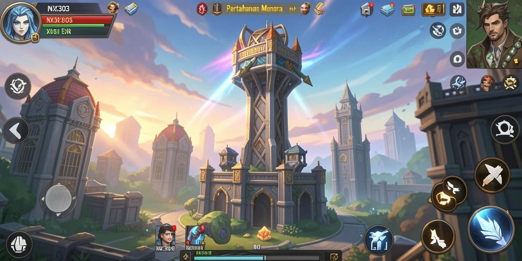 Tampilan gameplay menara yang menegangkan dan strategis di NX303.