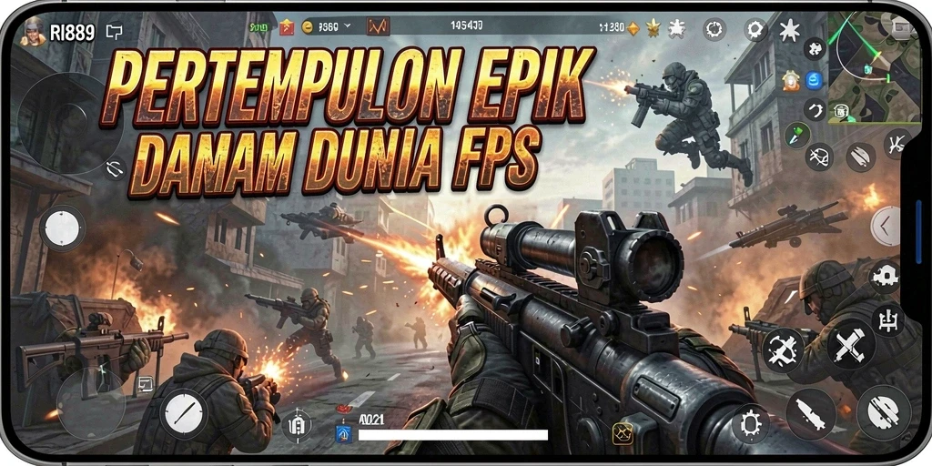 Screenshot gameplay RI889 menunjukkan aksi intens dalam pertempuran FPS.