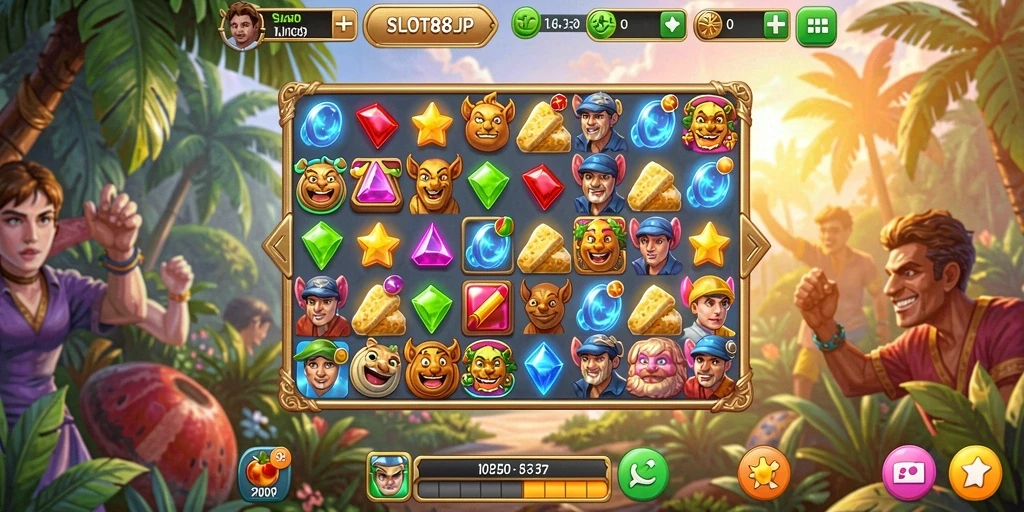 Tampilan gameplay seru dari SLOT88JP dengan mekanik Match-3.