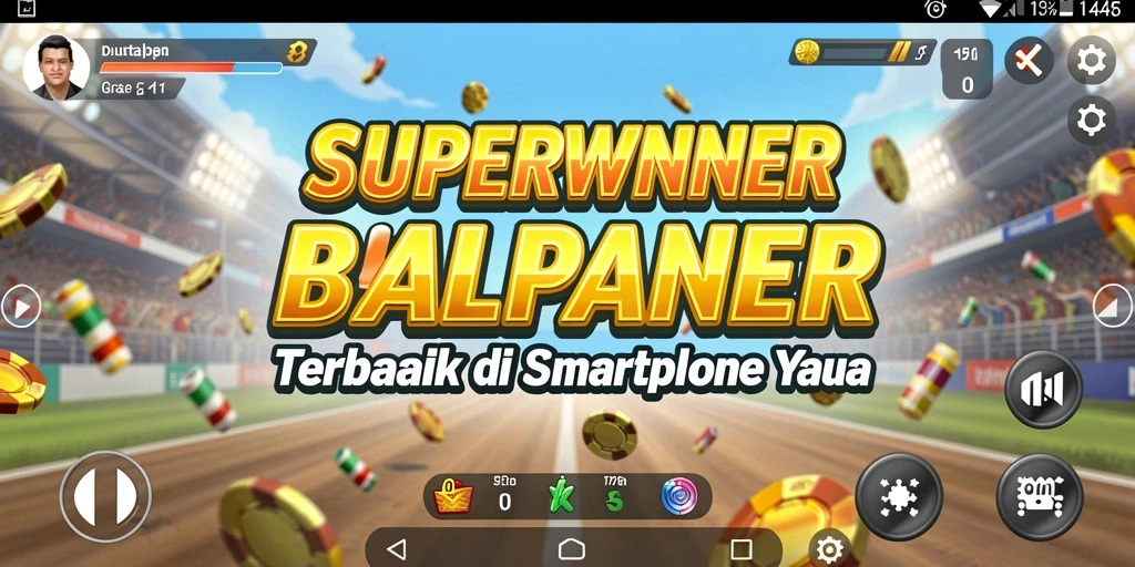 Tampilan gameplay mendebarkan dari SUPERWINNER dengan mobil balap yang melaju kencang.